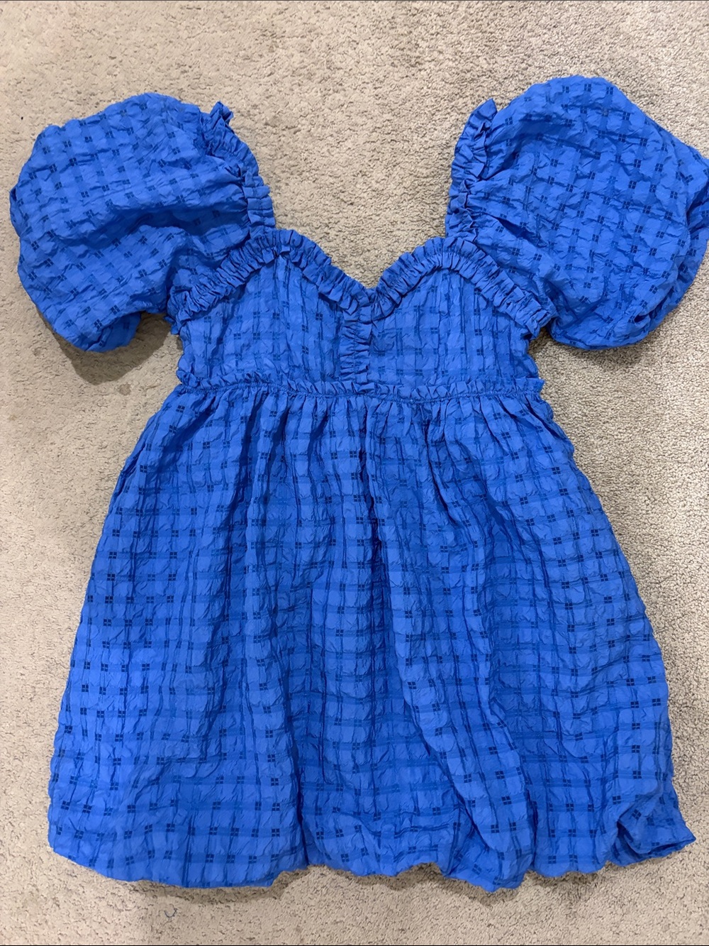 Blue Puff-Sleeve Mini Dress with Sweetheart Neckline